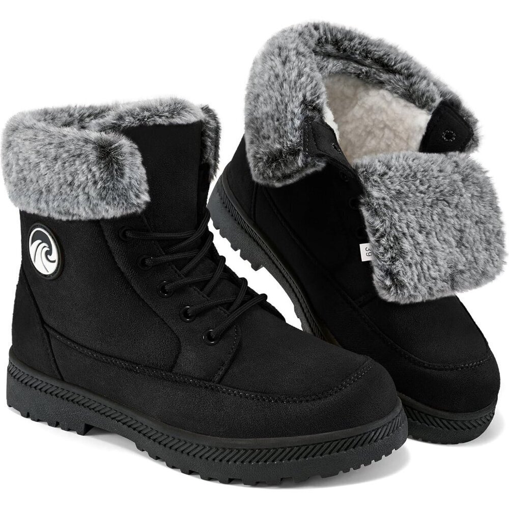 Women’s Black Warm Fur Lined Ankle Booties Lace Up Slip-On Outdoor Boots
